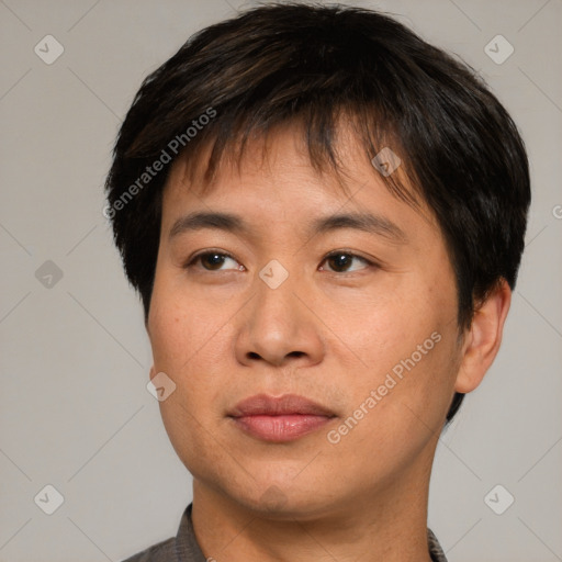 Joyful asian adult male with short  brown hair and brown eyes