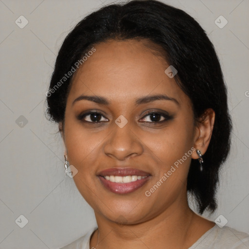 Joyful black young-adult female with medium  black hair and brown eyes