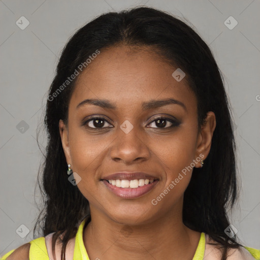 Joyful black young-adult female with medium  brown hair and brown eyes