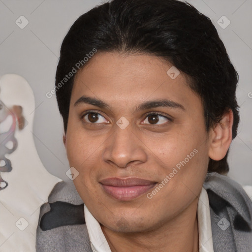 Joyful latino young-adult female with medium  brown hair and brown eyes