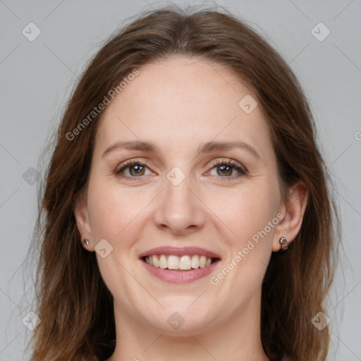 Joyful white young-adult female with medium  brown hair and grey eyes