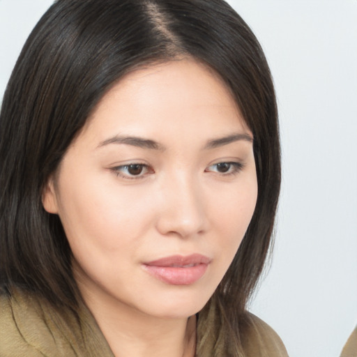 Neutral asian young-adult female with long  brown hair and brown eyes