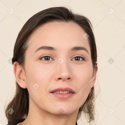 Neutral white young-adult female with medium  brown hair and brown eyes