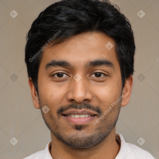 Joyful latino young-adult male with short  black hair and brown eyes