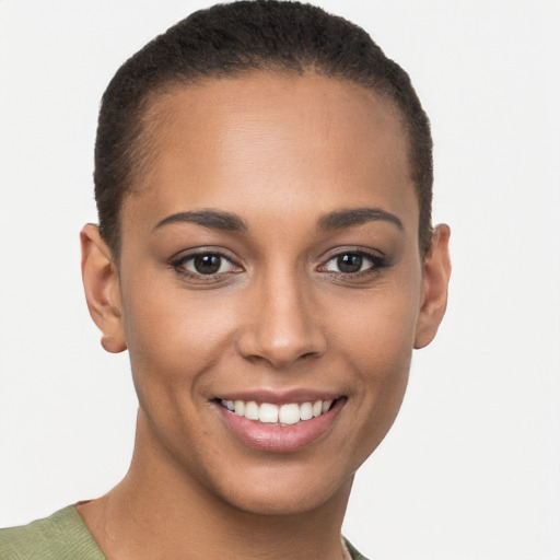 Joyful white young-adult female with short  brown hair and brown eyes