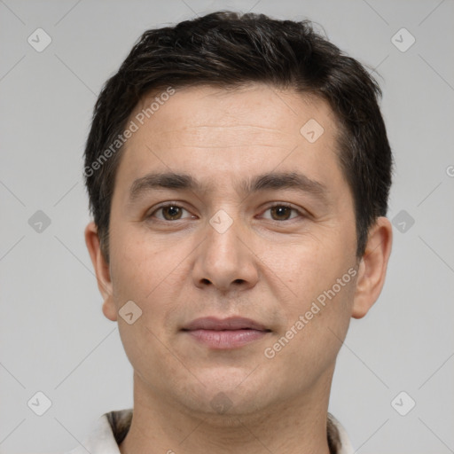 Neutral white adult male with short  brown hair and brown eyes