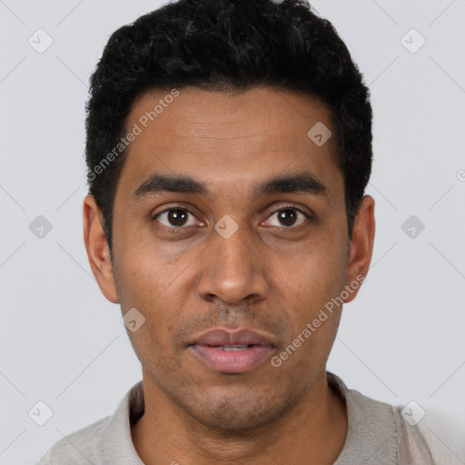 Neutral latino young-adult male with short  black hair and brown eyes