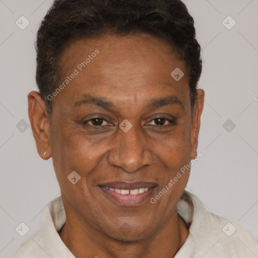 Joyful black adult female with short  brown hair and brown eyes