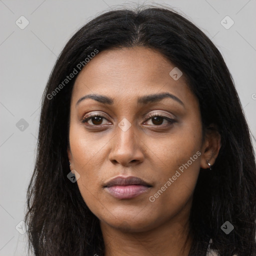 Joyful black young-adult female with long  black hair and brown eyes