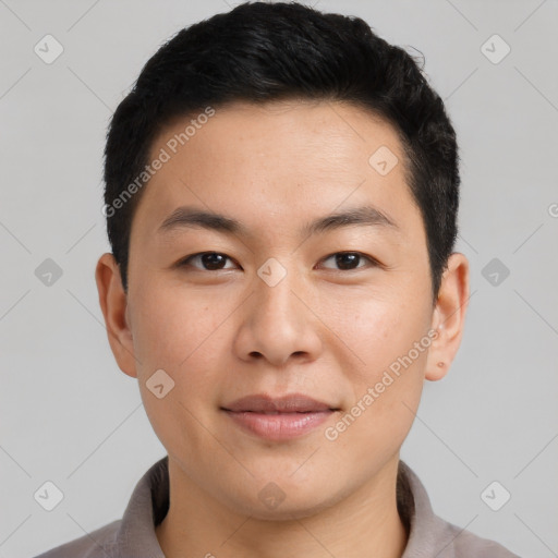 Neutral asian young-adult male with short  brown hair and brown eyes