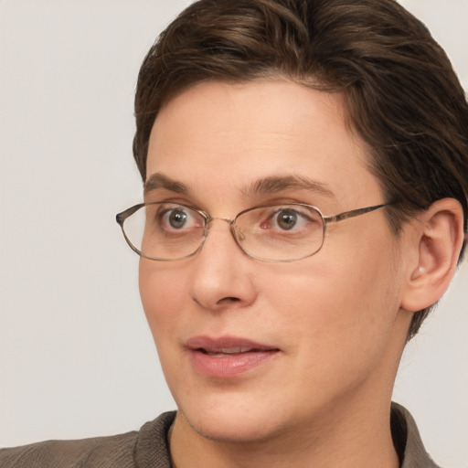 Joyful white adult female with short  brown hair and brown eyes