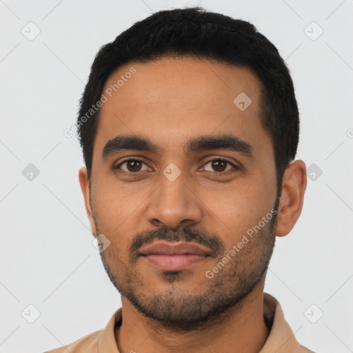 Neutral latino young-adult male with short  black hair and brown eyes