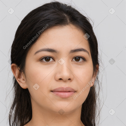 Neutral asian young-adult female with long  brown hair and brown eyes