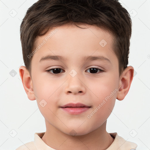 Joyful white child male with short  brown hair and brown eyes