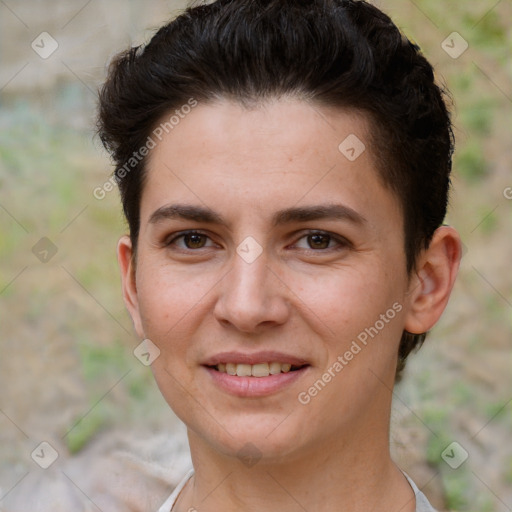 Joyful white young-adult female with short  brown hair and brown eyes