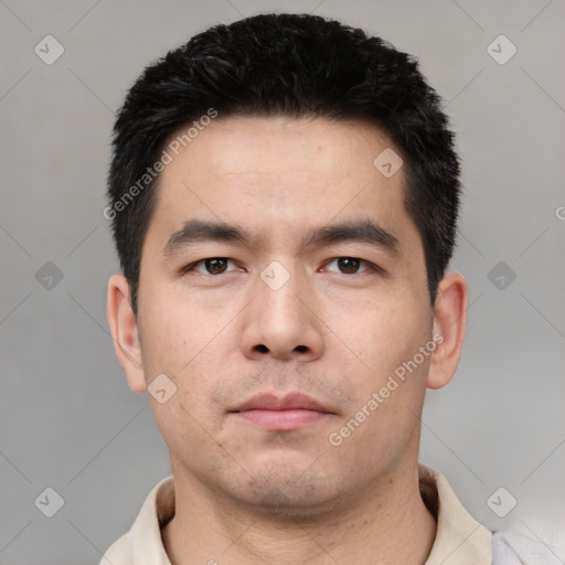 Neutral asian young-adult male with short  black hair and brown eyes