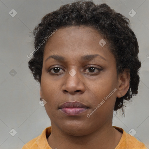 Neutral black young-adult female with short  brown hair and brown eyes