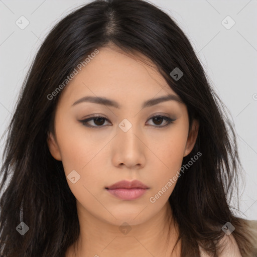 Neutral asian young-adult female with long  brown hair and brown eyes