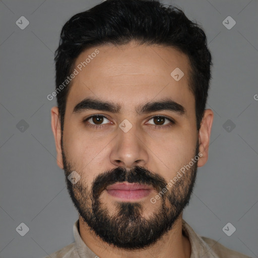 Neutral latino young-adult male with short  black hair and brown eyes