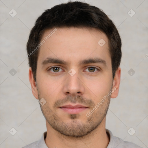 Neutral white young-adult male with short  brown hair and brown eyes