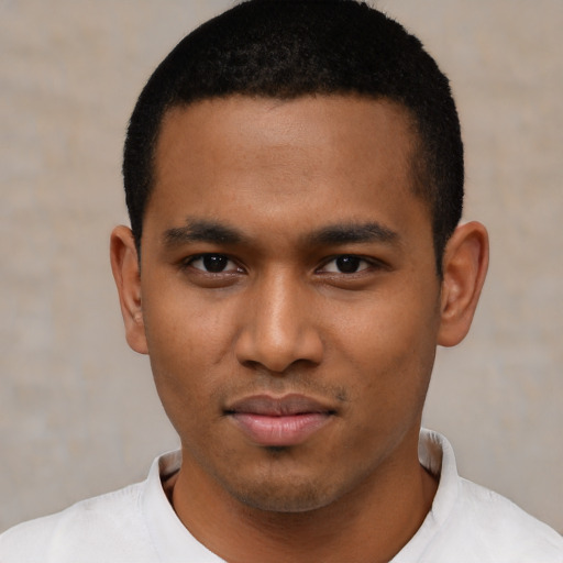 Neutral black young-adult male with short  black hair and brown eyes