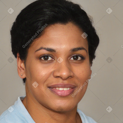 Joyful latino young-adult female with short  brown hair and brown eyes