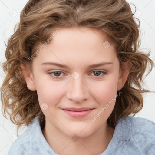 Joyful white child female with medium  brown hair and grey eyes