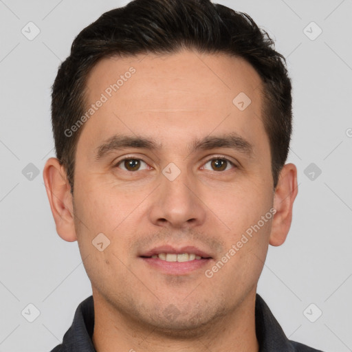 Joyful white young-adult male with short  brown hair and brown eyes