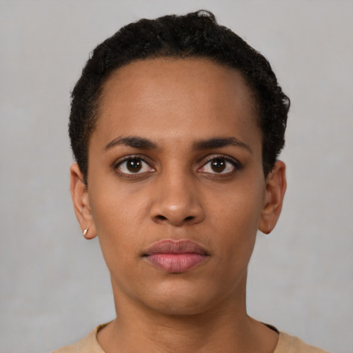 Neutral latino young-adult female with short  brown hair and brown eyes