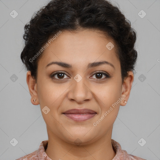 Joyful latino young-adult female with short  brown hair and brown eyes