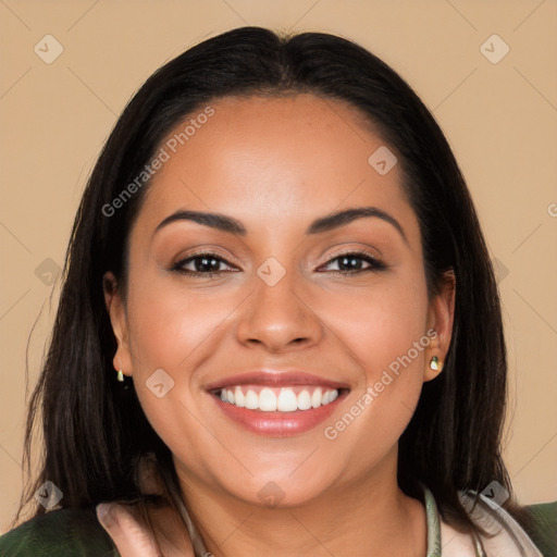 Joyful white young-adult female with medium  black hair and brown eyes