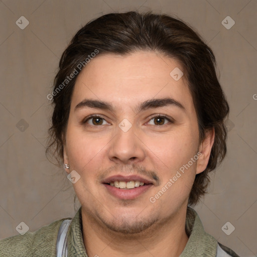 Joyful white young-adult male with medium  brown hair and brown eyes