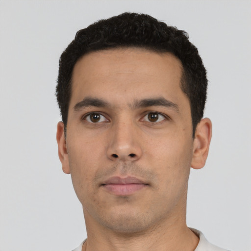 Neutral asian young-adult male with short  black hair and brown eyes