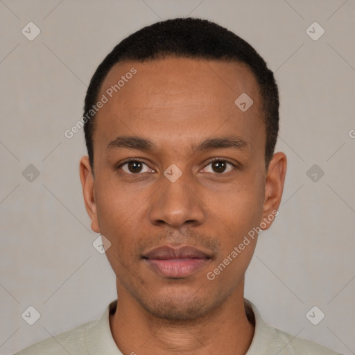 Neutral black young-adult male with short  black hair and brown eyes