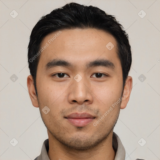 Neutral asian young-adult male with short  black hair and brown eyes