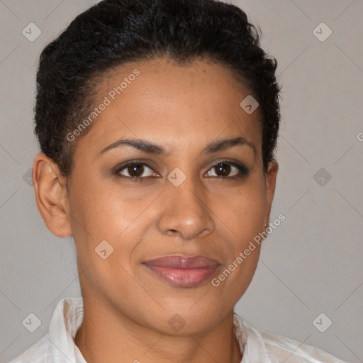 Joyful black young-adult female with short  brown hair and brown eyes