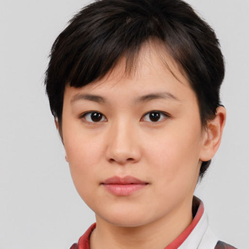 Neutral white young-adult female with short  brown hair and brown eyes