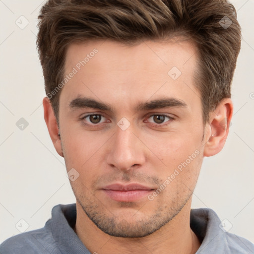 Neutral white young-adult male with short  brown hair and brown eyes