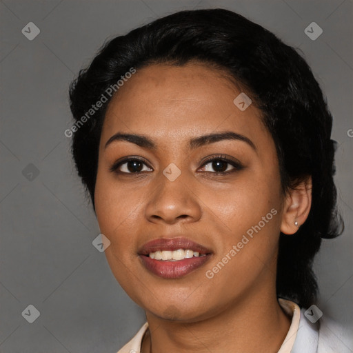 Joyful latino young-adult female with short  black hair and brown eyes
