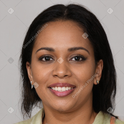 Joyful black young-adult female with medium  brown hair and brown eyes