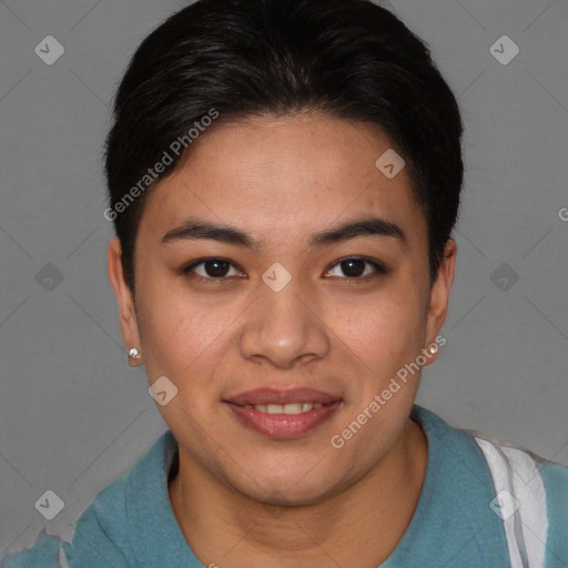 Joyful white young-adult female with short  brown hair and brown eyes