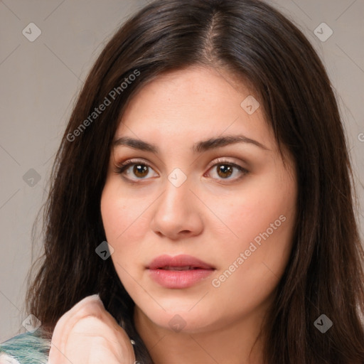 Neutral white young-adult female with medium  brown hair and brown eyes