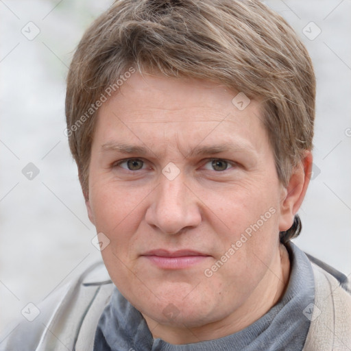 Joyful white adult male with short  brown hair and grey eyes