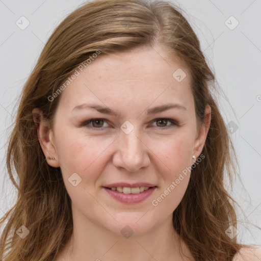 Joyful white young-adult female with long  brown hair and grey eyes