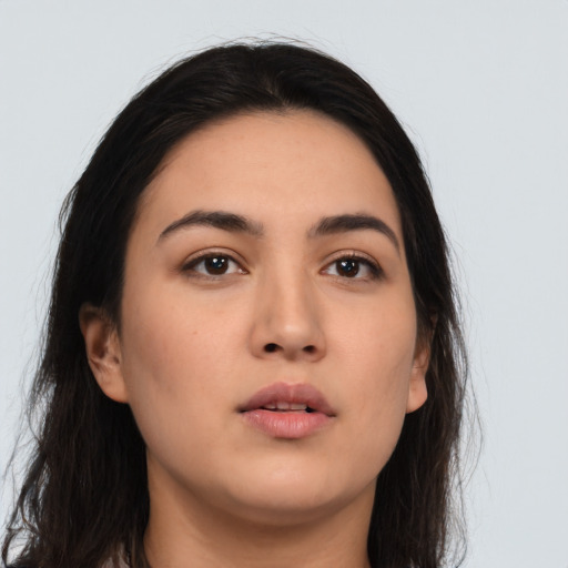 Neutral asian young-adult female with long  brown hair and brown eyes