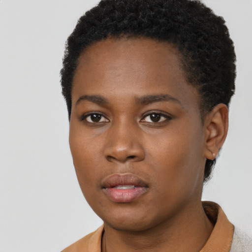Neutral black young-adult female with short  black hair and brown eyes