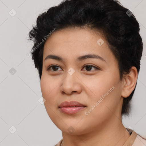 Joyful latino young-adult female with short  brown hair and brown eyes