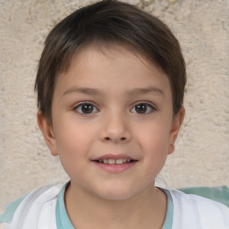 Joyful white child female with short  brown hair and brown eyes