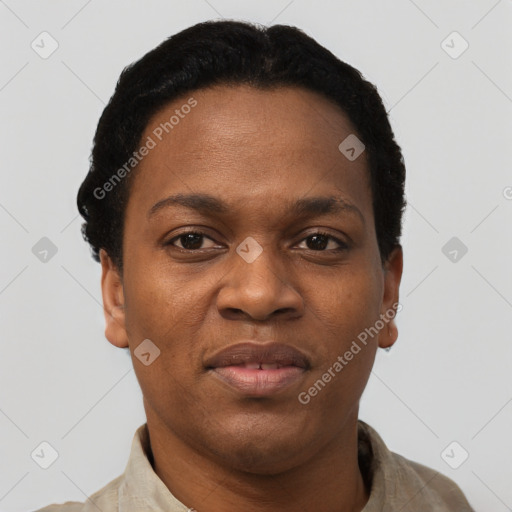 Joyful black young-adult female with short  black hair and brown eyes