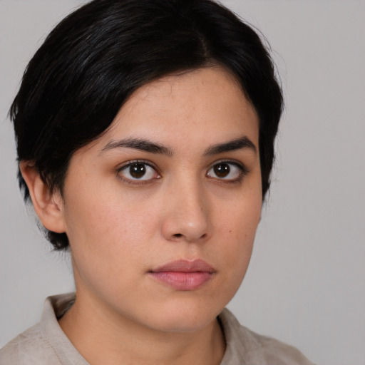 Neutral white young-adult female with medium  brown hair and brown eyes